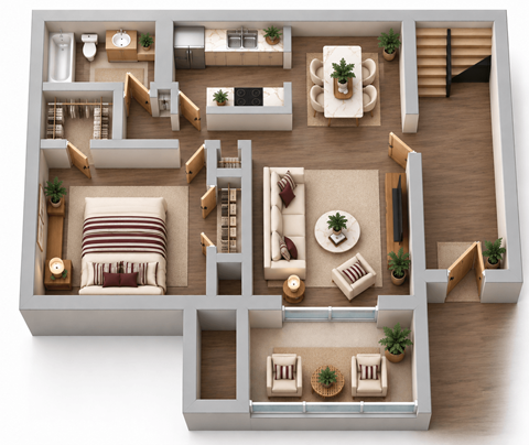 Floor plan for 1 bed, 1 bath, 930 sqft